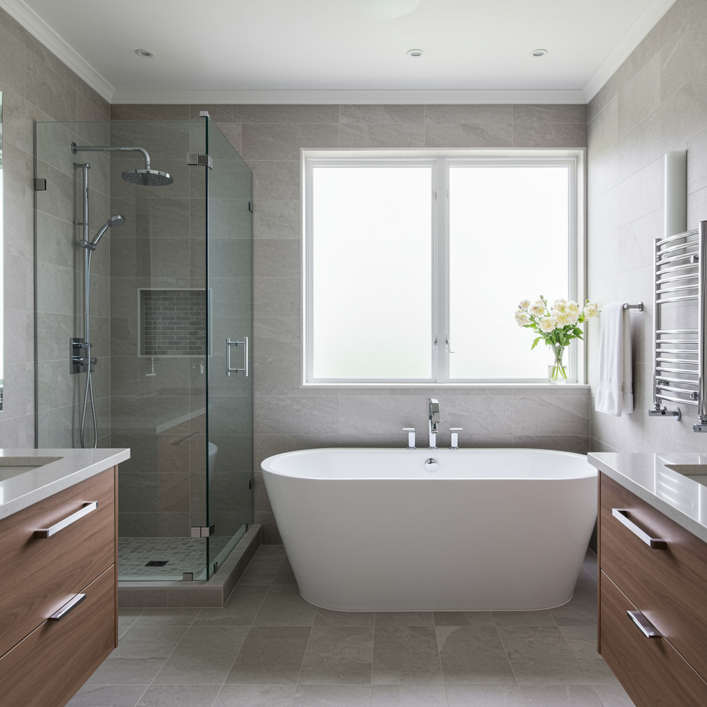 Beautiful modern bathroom remodel with glass shower, freestanding bathtub, beige and gray tile, and chrome fixtures completed by general contractor