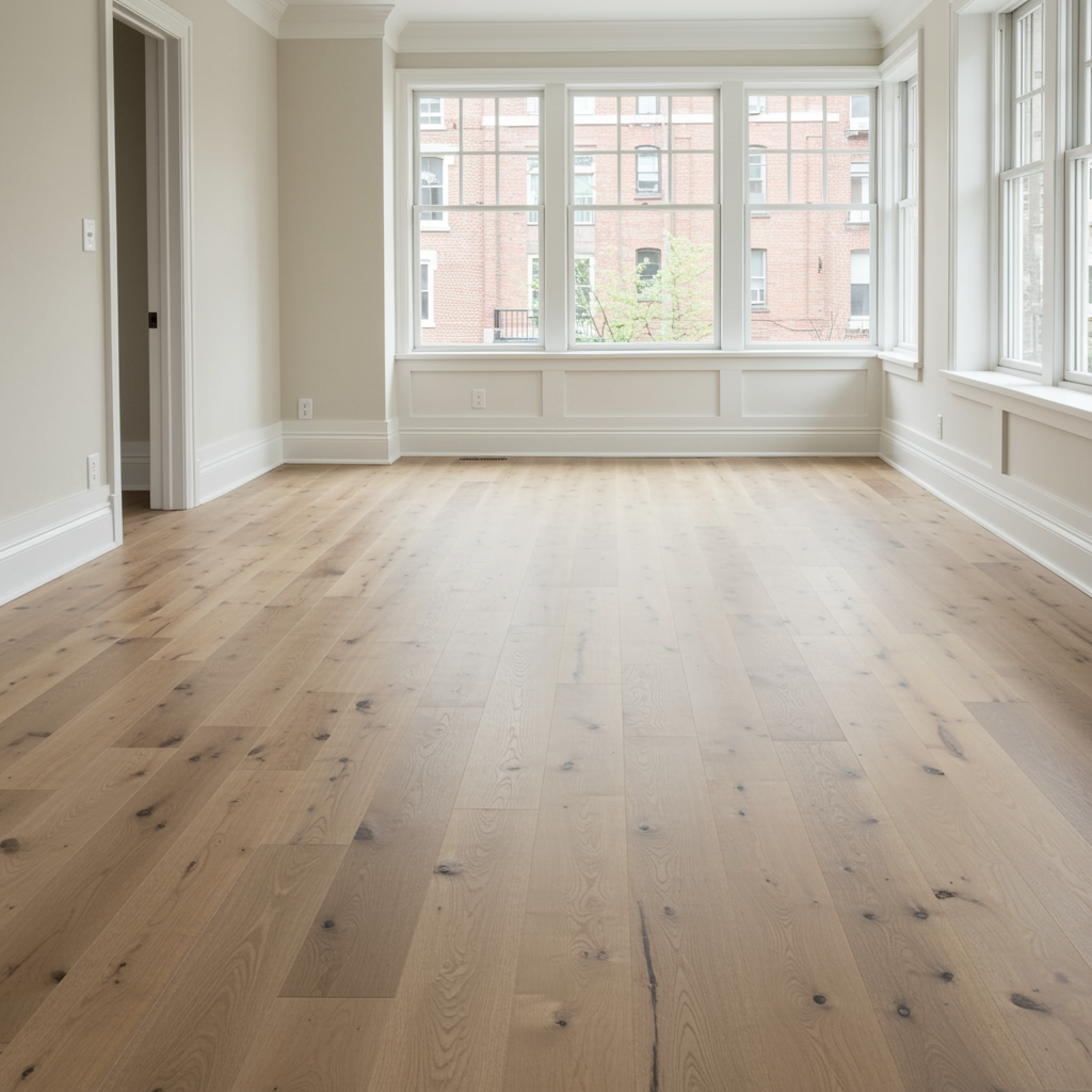Beautiful living room with newly installed hardwood flooring and bright, natural lighting by a general contractor