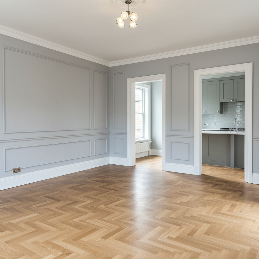 Modern renovated home interior with open living space and remodeled kitchen, showcasing quality general contracting work