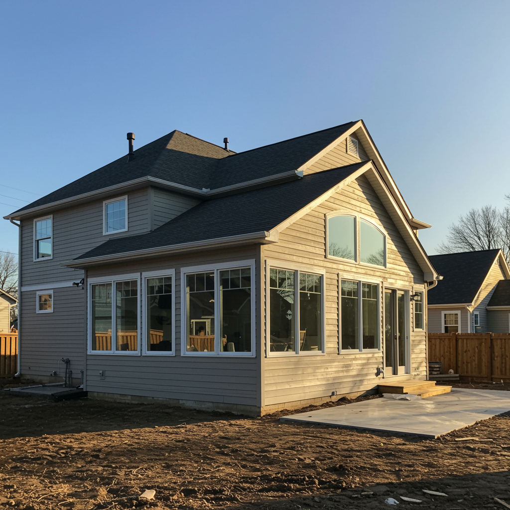 Finished home addition with modern siding and large windows by general contractor