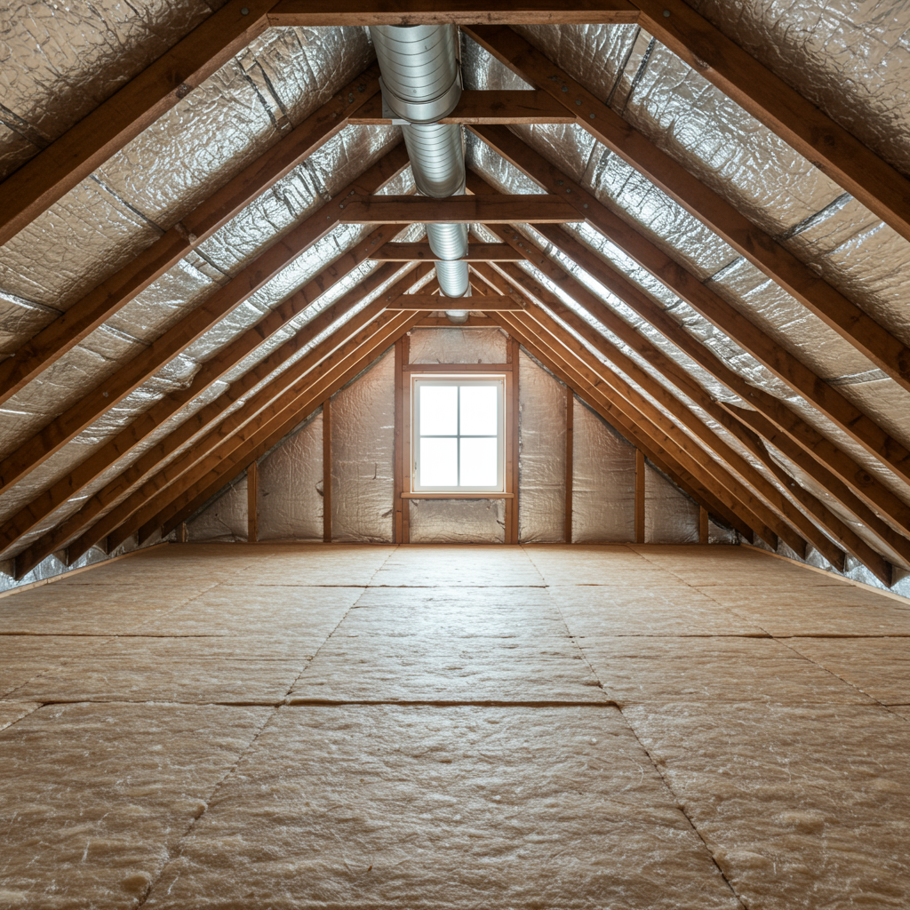 Finished attic featuring professionally installed insulation between wooden beams, highlighting expert general contractor services