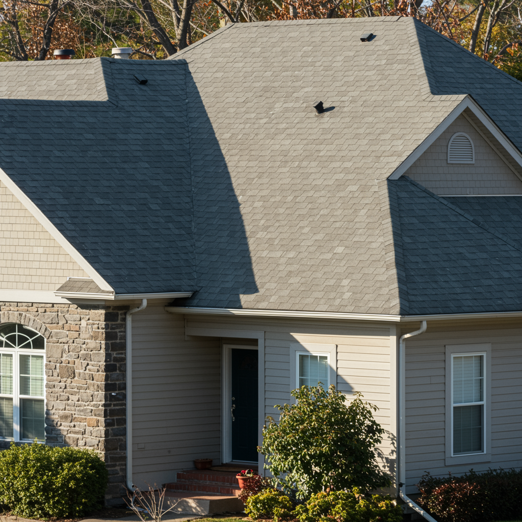Newly replaced roof on suburban home with clean gray shingles and well-kept siding, completed by a general contractor for roofing and siding services