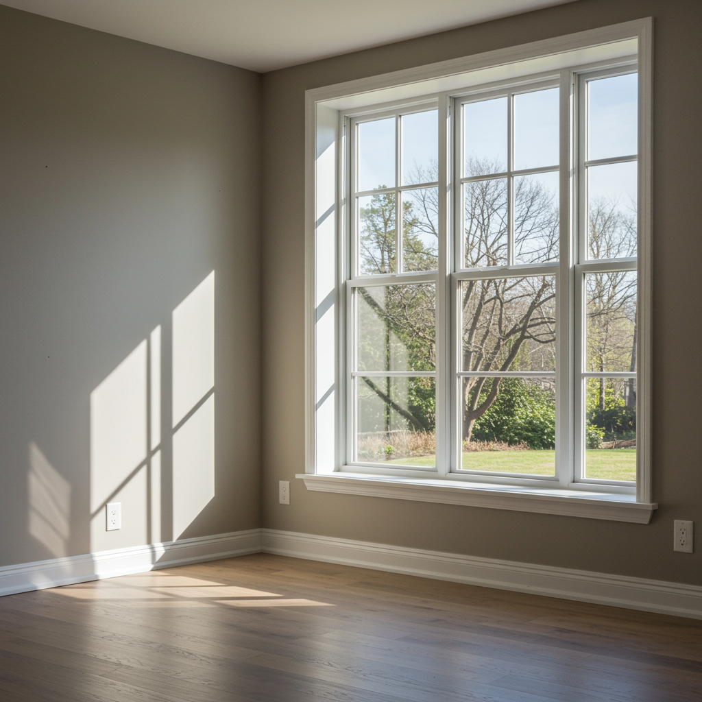 Bright living room with a new energy-efficient window and white trim installed by a general contractor, showing clean lines and natural light for a window replacement service
